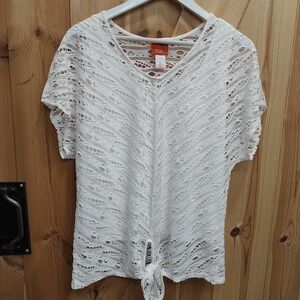 Heart of Palm Top Sz XL Short Sleeve White V Neck Crochet Coastal Beach Summer‎